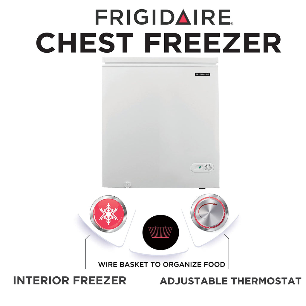 FRIGIDAIRE EFRF5003-BLACK Chest Deep Freezer-Garage-Ready, 5.0 Cu. Ft. Capacity, Black-Adjustable Thermostat-Removable Vinyl Coated Wire Basket-Easy Defrost Drain