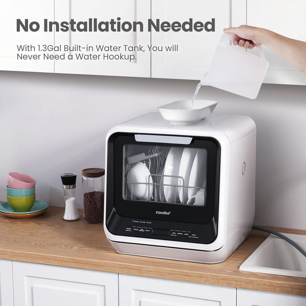COMFEE' Portable Mini Dishwasher Countertop with 1.32Gal Built-in Water Tank for Apartments& RVs, No Hookup Needed, 6 Programs, 360° Dual Spray, 162℉ High-Temp& Air-Dry Function