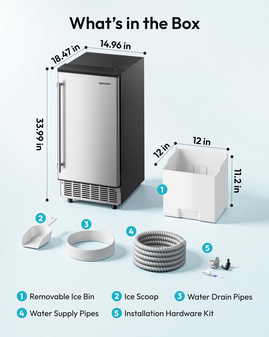 EUHOMY 15" Under Counter Ice Maker, 90lbs/24H, 24lb Bin, Gravity Drainage