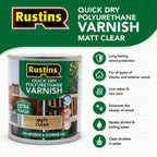 RustinsQuick Dry Poly Varnish Satin Clear 500ml -Tough, Water-Based Clear Finish in Gloss, Matt or Satin; Durable Protection for Interior Wood, Furniture and Floors