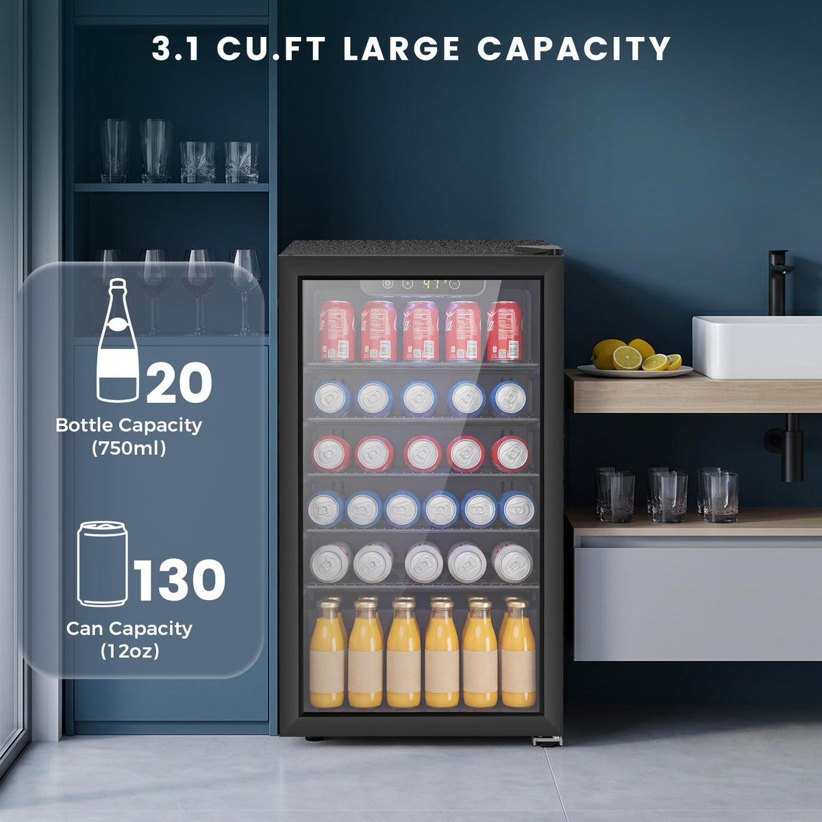 Electactic 48 Can Beverage Refrigerator,12 Bottle Wine Cooler with Seamless Stainless Steel & Glass Door, Digital Temperature Display, Countertop Mini Fridge for Soda, Wine or Beer, Silver
