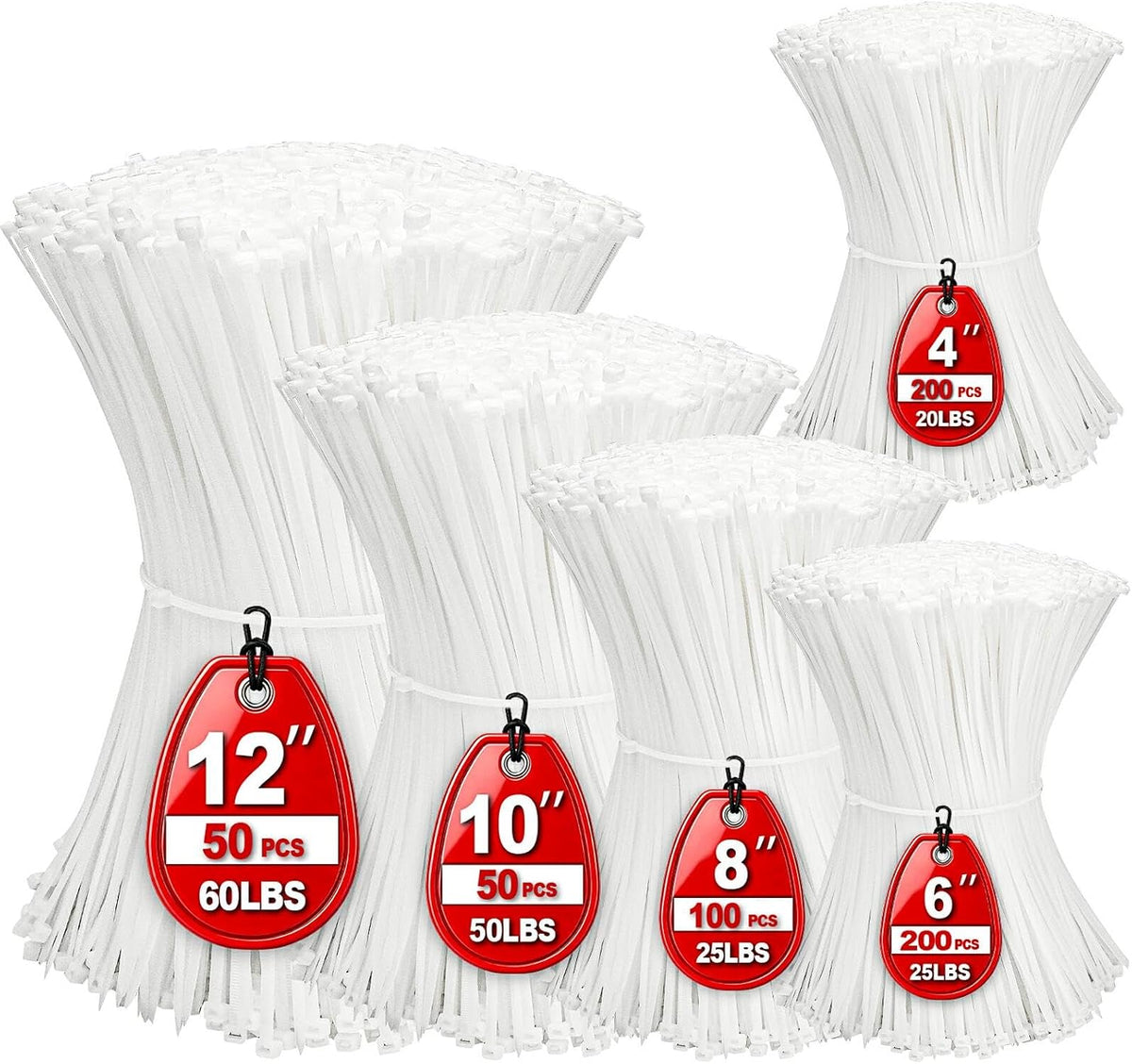 Cable Zip Ties,600 Piece Self-Locking Nylon Cable Ties,Assorted Sizes 4+6+8+10+12-Inch,Multi-Purpose Wire Management Plastic Ties,Perfect for Home,Garden,Office,Travel and Workshop.White