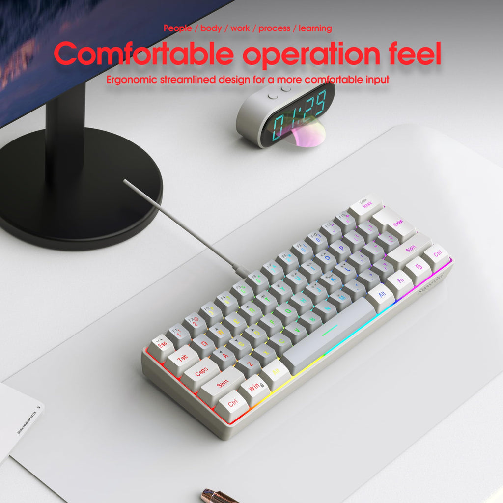 Snpurdiri 60% Wired Mechanical Gaming Keyboard, Ice Blue LED Backlit 61 Keys Mini Wired Office Keyboard for Windows Laptop PC Mac (Black-White, Red Switches)