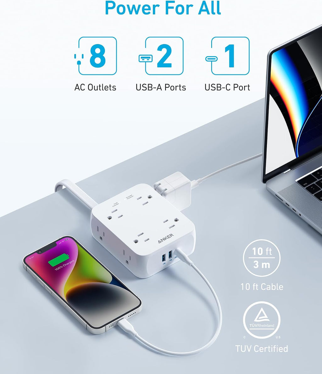 Anker Power Strip with 2000J Surge Protector, 10ft Outlet Extender, 20W 8AC
