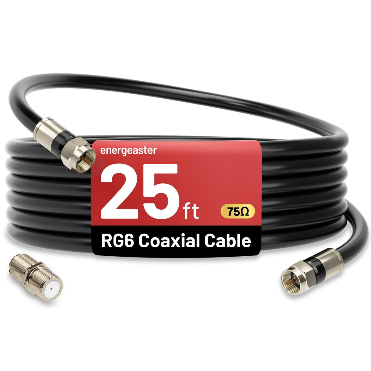 energeaster 10FT RG6 Coaxial Cable with Waterproof Rubber Boot, Black