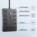 6 FT Flat Plug Surge Protector Power Strip,11 AC Outlets with 6 USB Ports