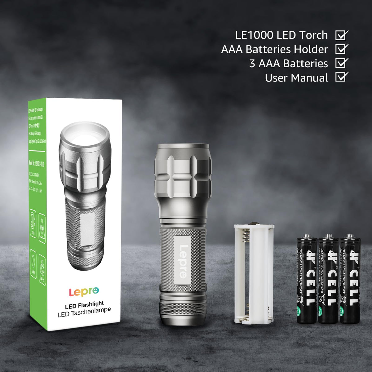 LE LED Torch, LE1000 Powerful Handheld Flashlight, Adjustable Focus, 4 PCs