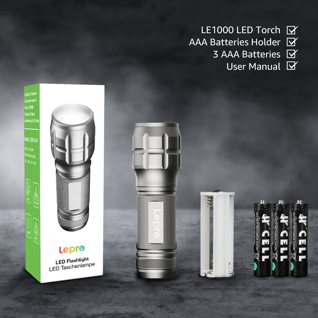 LE LED Torch, LE1000 Powerful Handheld Flashlight, Adjustable Focus, 4 PCs