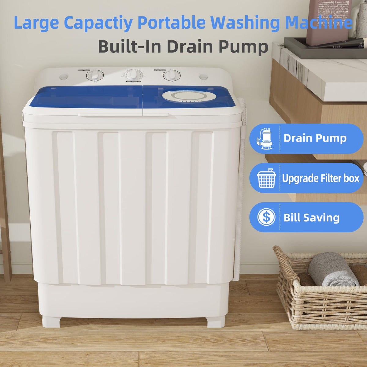 VCJ Portable Washing Machine, Twin Tub Washing Machine Laundry Compact Washer spinner Combo with 40lbs capacity, 24Lbs Washer and 16Lbs Spinner dryer for Apartments RVs and Dorms