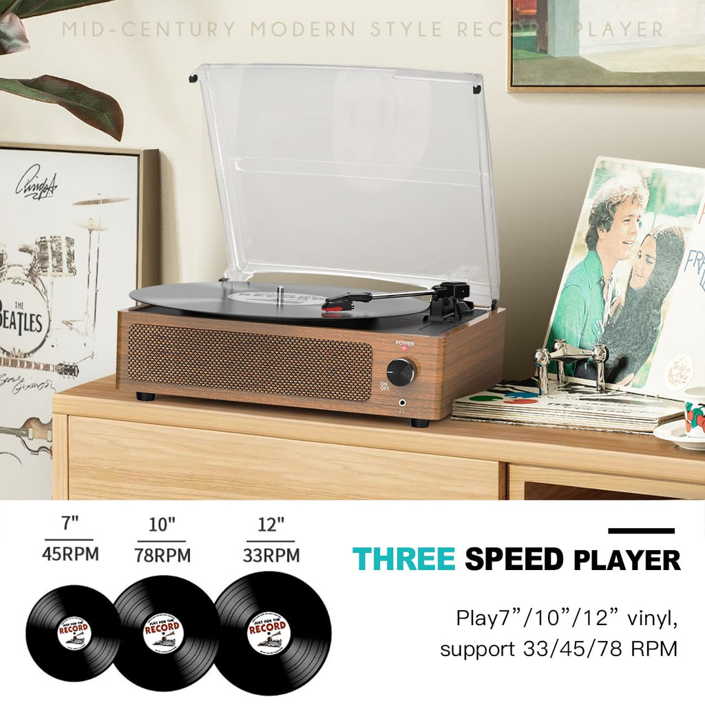 Seasonlife® Retro Vinyl Record Player with Stereo Speakers,Walnut Brown