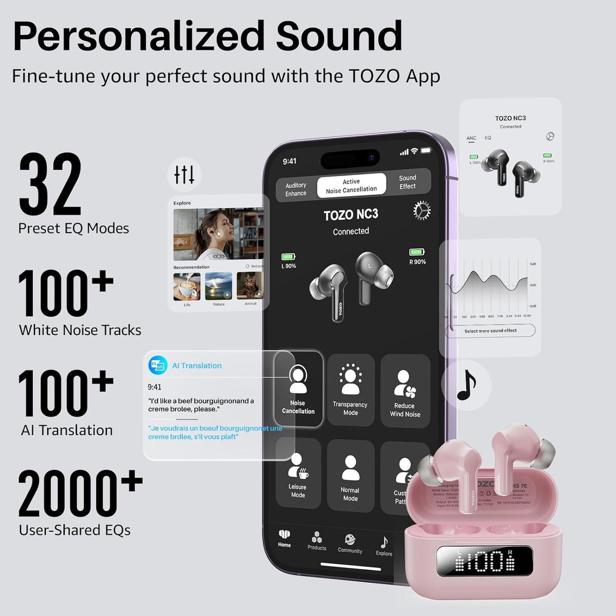 TOZO Hybrid Active Noise Cancelling in Ear Wireless Earbuds, 68H Playtime
