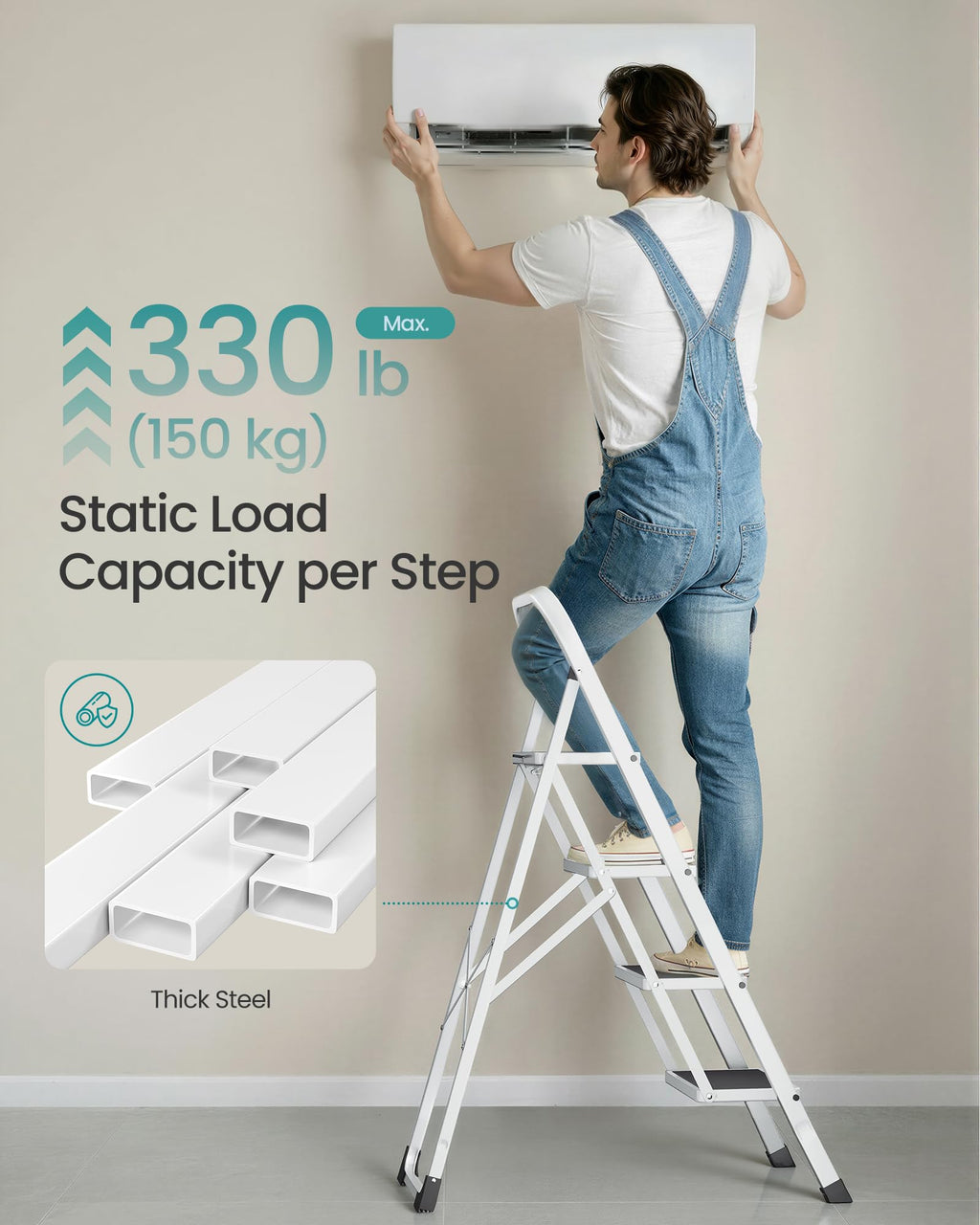 SONGMICS 3-Step Ladder, Folding Step Ladder, Safety, Holds up to 150KG