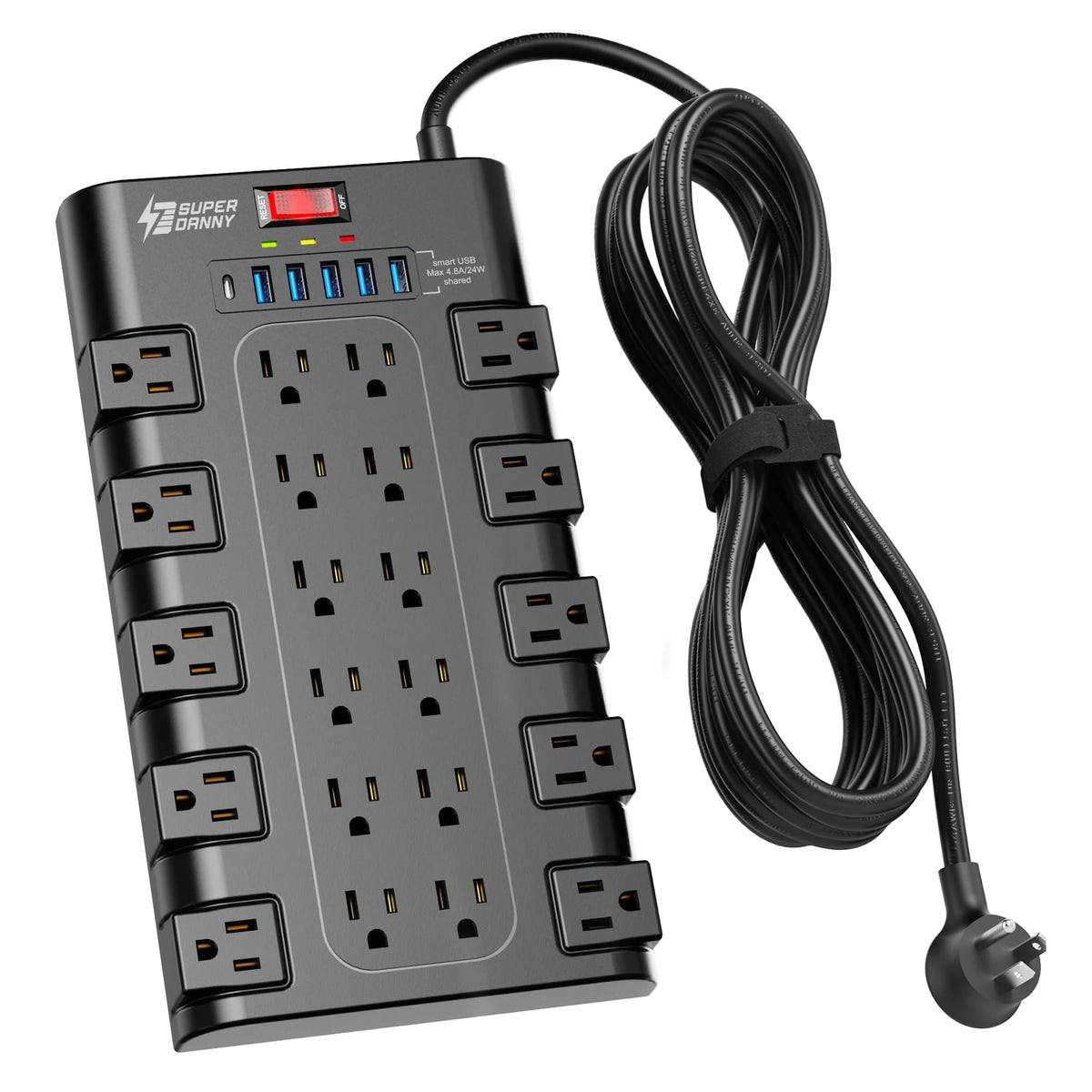 SUPERDANNY Power Strip Surge Protector, 22 AC 6 USB, 2100J, 6.5Ft,1875W/15A
