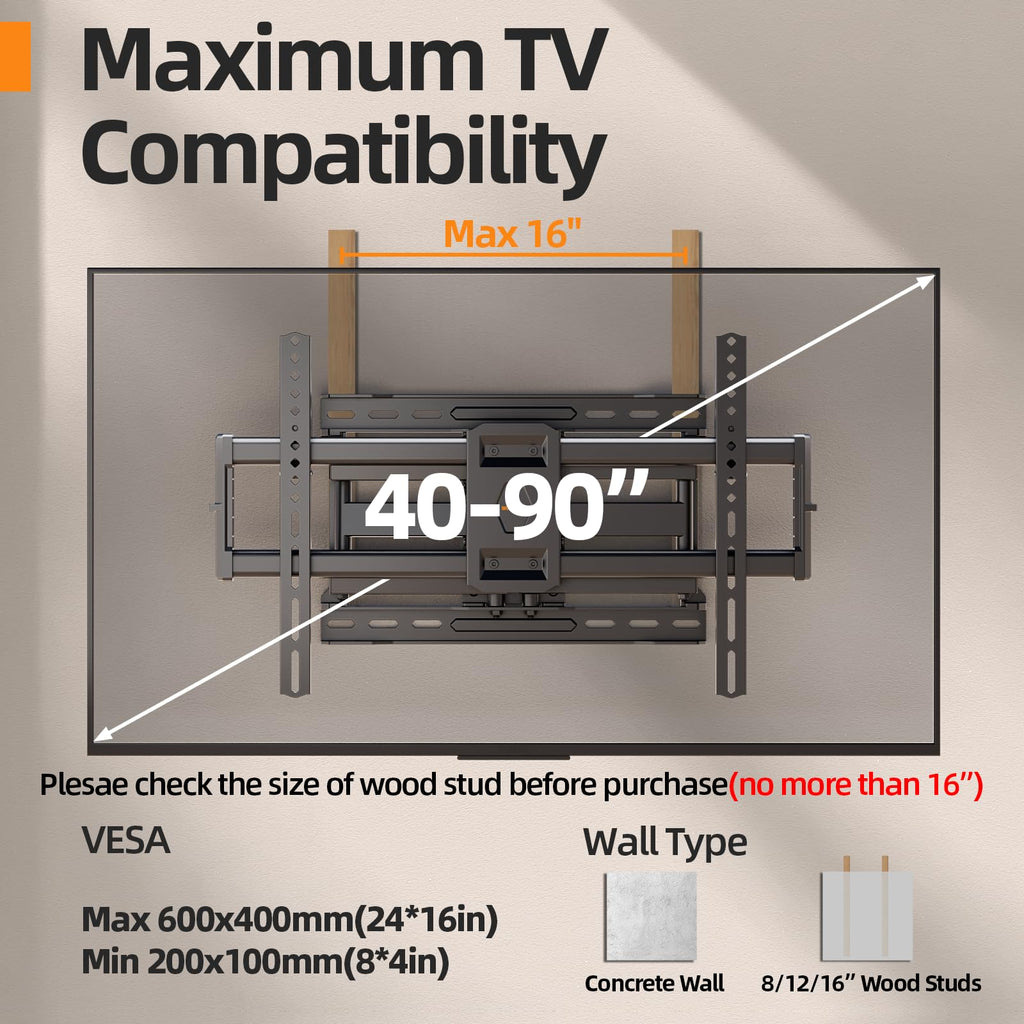 IWORKBOARD 55 65 75 85 inch Tilting TV Wall Mount for 32-90 '' TVs, Low Profile TV Mount Bracket, Safe Lock & Quick Release,Max VESA 600x400mm, 24 inch Studs,132 lbs, Fit Most 55+ 75+ 85+ 86 TVs