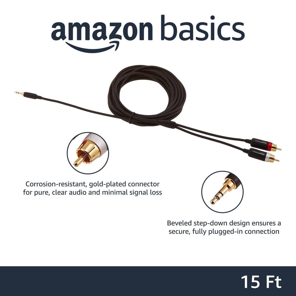 Amazon Basics 3.5mm Aux to 2 RCA Audio Cable Adapter for Amplifiers, Active Speakers, Gold-Plated Connectors, Clear Sound Quality, Shielded Construction, 8 Feet/2.4 m, Black