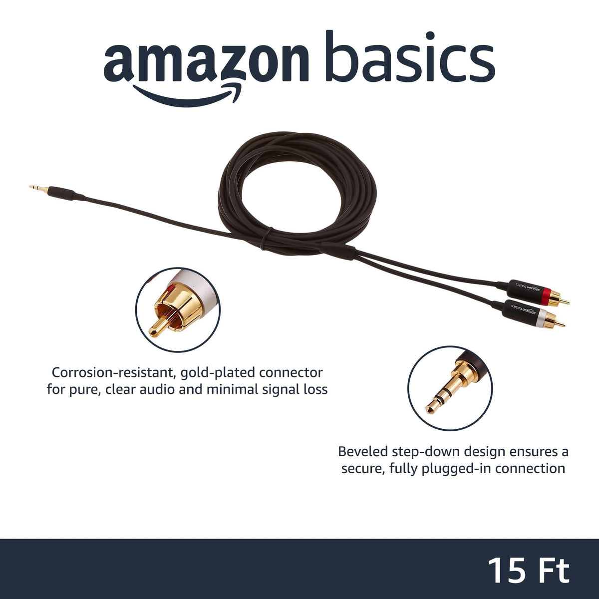 Amazon Basics 3.5mm Aux to 2 RCA Audio Cable Adapter for Amplifiers, Active Speakers, Gold-Plated Connectors, Clear Sound Quality, Shielded Construction, 8 Feet/2.4 m, Black