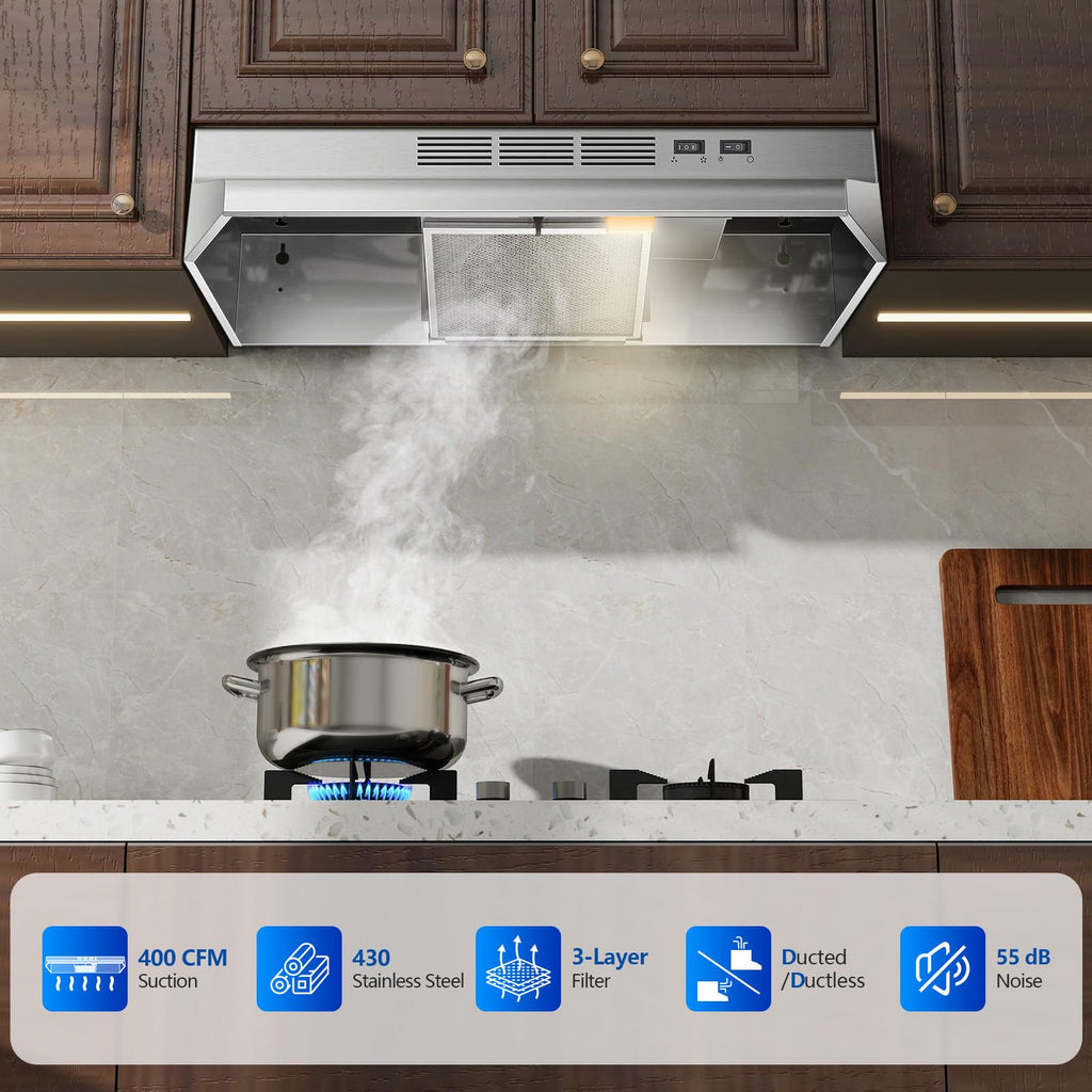 Tieasy Under Cabinet Range Hood 24 Inch, 400 CFM Stainless Steel Convertible Vent Hood with 2 Speed Exhaust Fan and Rocker Switch Control, Ducted/Ductless Kitchen Hood with Multiple Venting Options