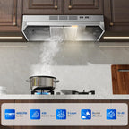 Tieasy Under Cabinet Range Hood 24 Inch, 400 CFM Stainless Steel Convertible Vent Hood with 2 Speed Exhaust Fan and Rocker Switch Control, Ducted/Ductless Kitchen Hood with Multiple Venting Options