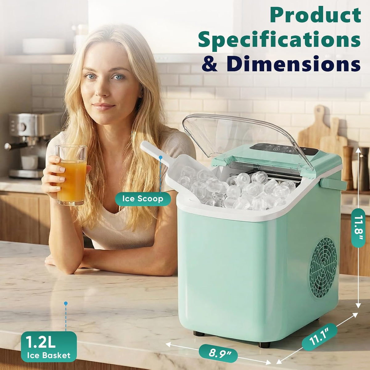 Sweetcrispy Countertop Ice Maker with Scoop, Basket and Handle, Portable Ice Machine 9 Cubes Ready in 6 Mins, 26.5lbs in 24Hrs, 2 Sizes for Home Kitchen Office Bar Party
