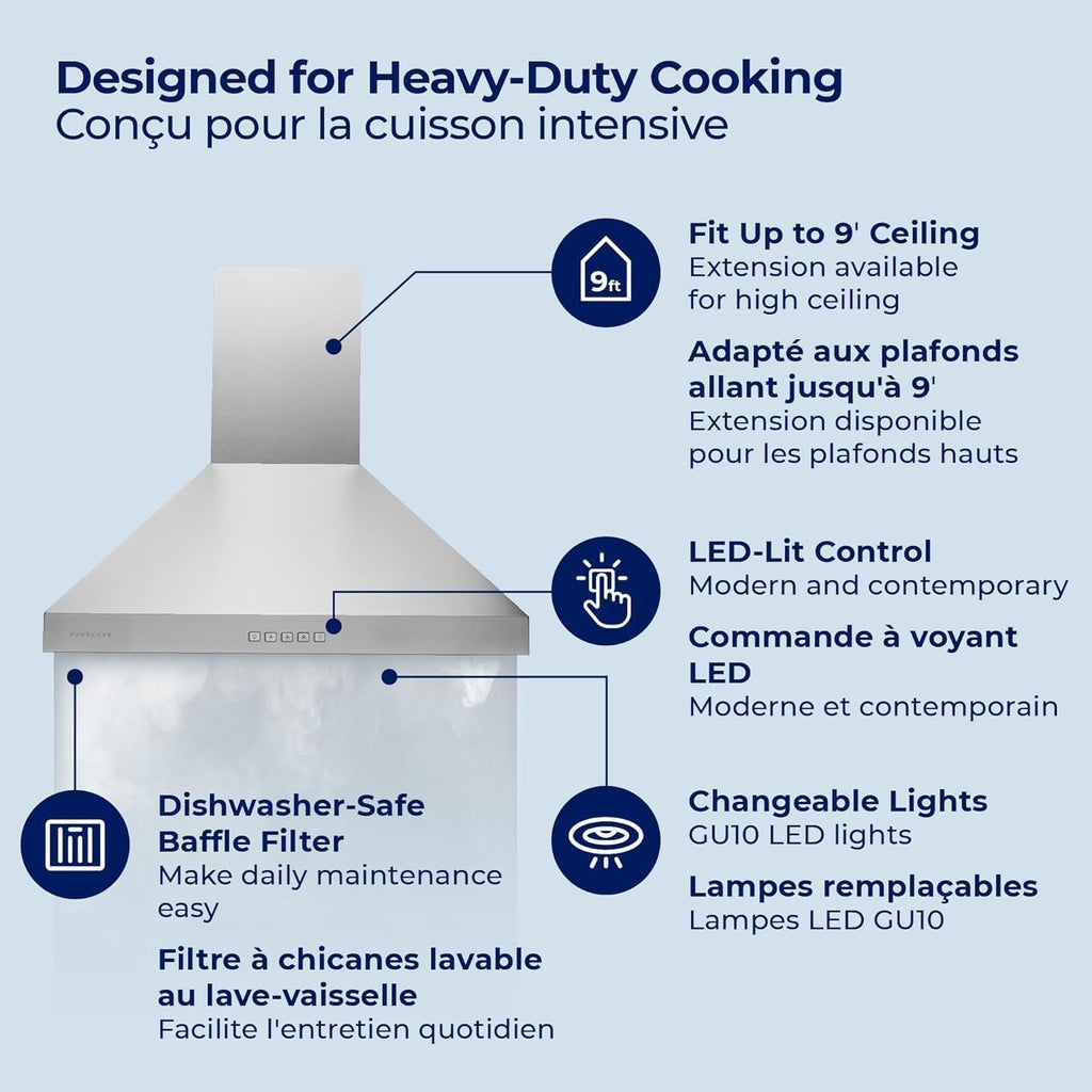 Hauslane Wall Mount Range Hood 30 Inch Convertible 350-750 CFM Low Noise