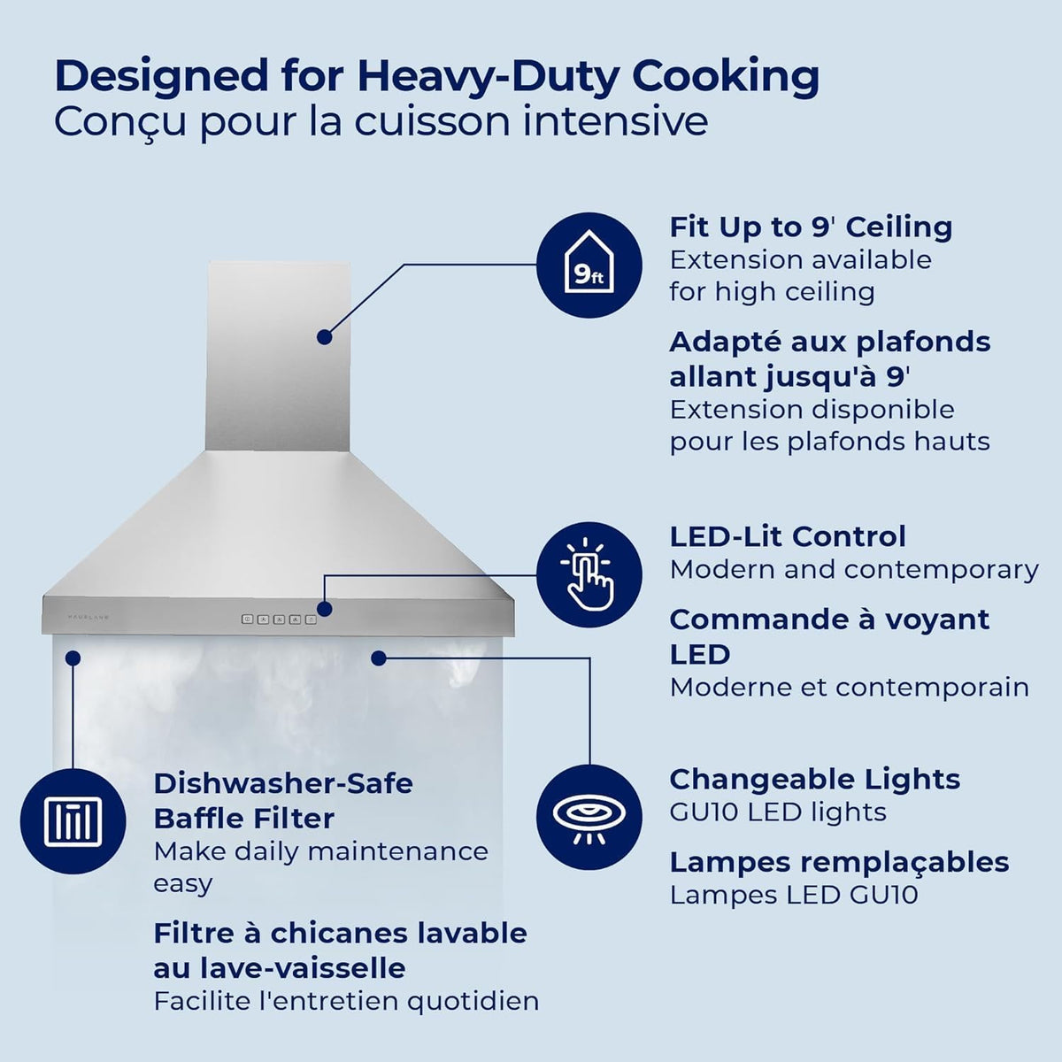 Hauslane Wall Mount Range Hood 30 Inch Convertible 350-750 CFM Low Noise