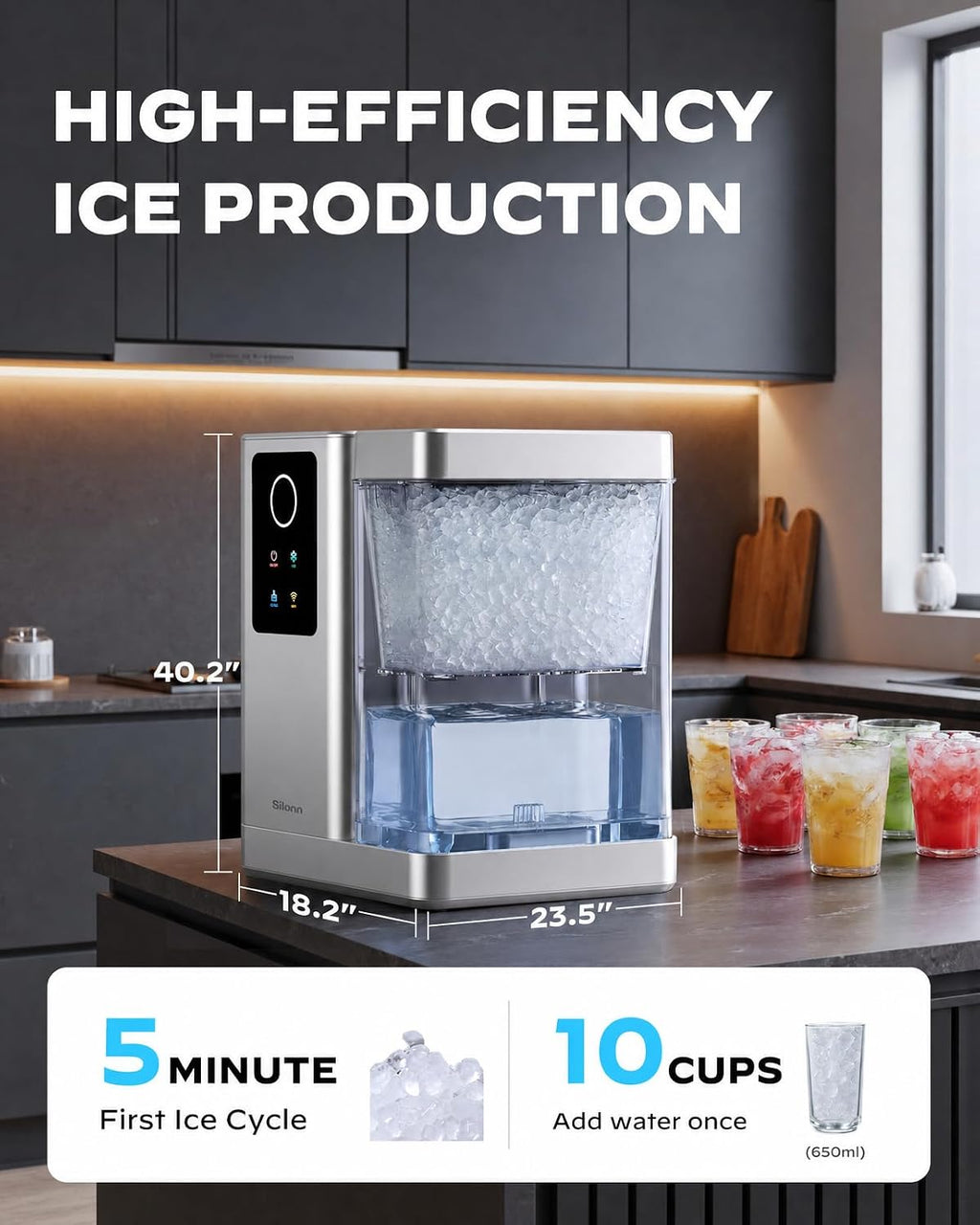 Silonn Ice Maker Countertop, 9 Cubes Ready in 6 Mins, 26lbs in 24Hrs, Self-Cleaning Ice Machine with Ice Scoop and Basket, 2 Sizes of Bullet Ice for Home Kitchen Office Bar Party