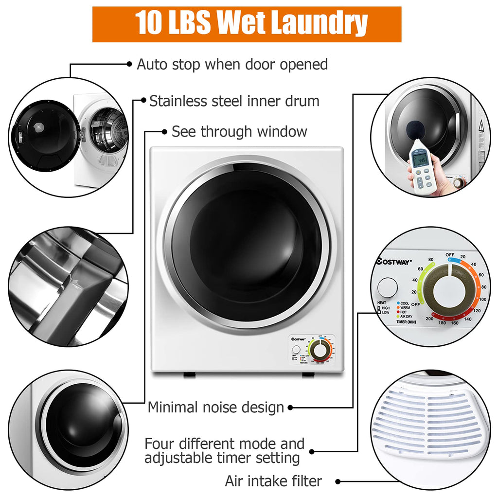 COSTWAY 1.5 Cu.ft. Portable Clothes Dryer,850W Compact Laundry Dryer,Silver