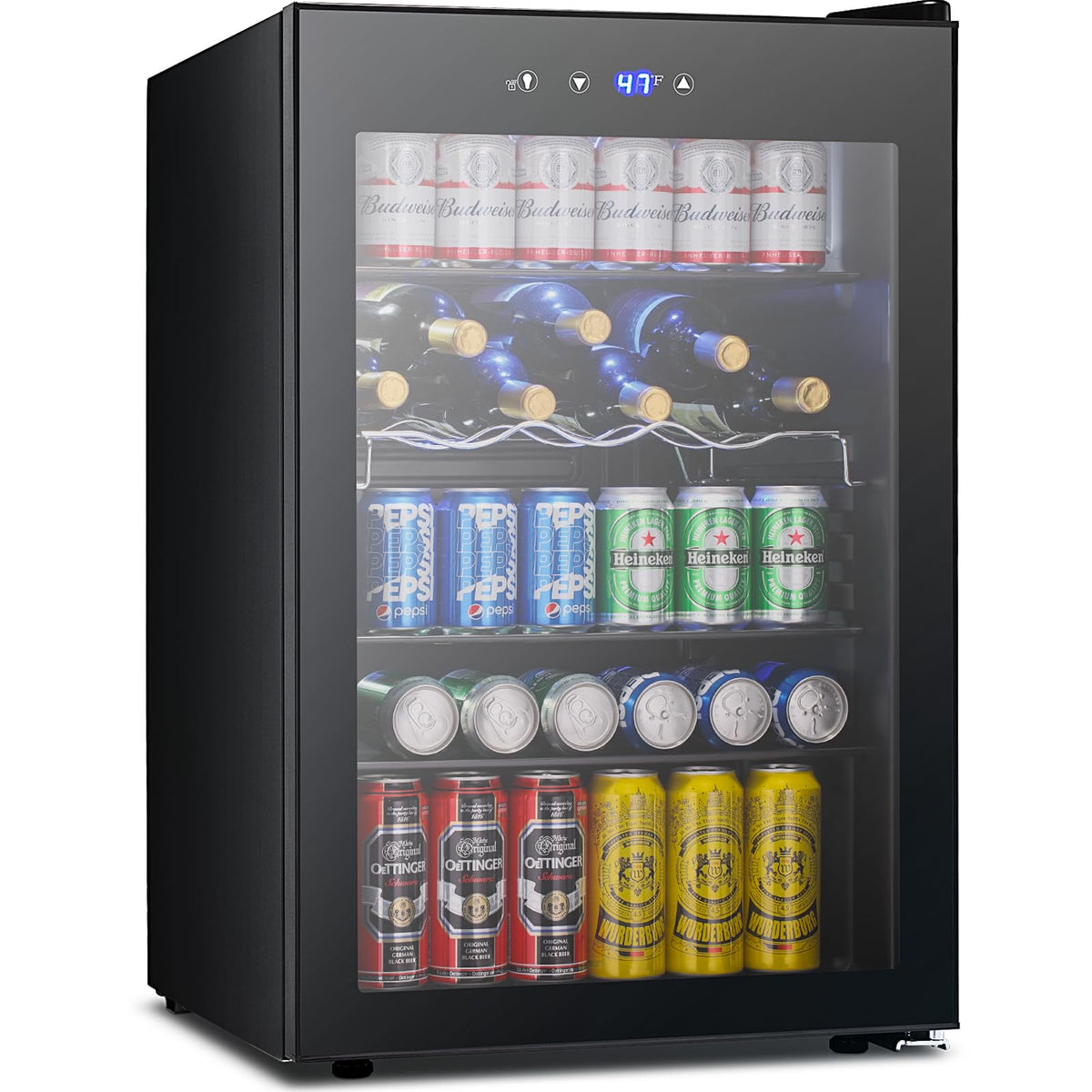 Electactic 48 Can Beverage Refrigerator,12 Bottle Wine Cooler with Seamless Stainless Steel & Glass Door, Digital Temperature Display, Countertop Mini Fridge for Soda, Wine or Beer, Silver