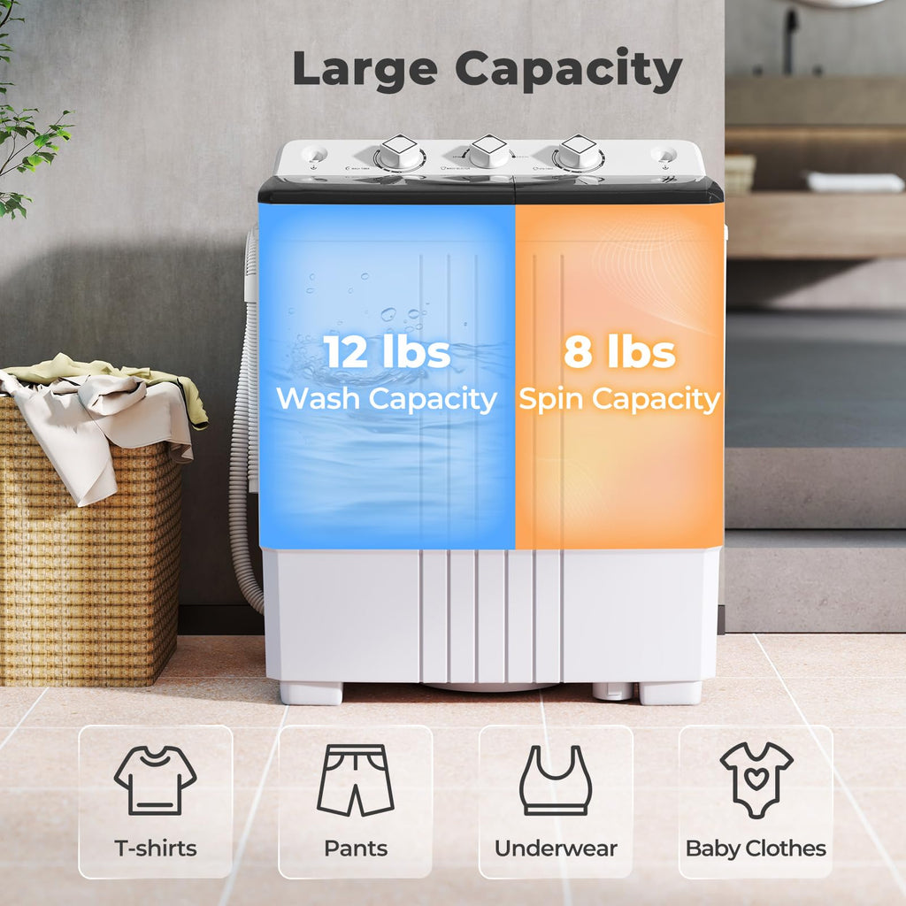 Giantex Portable Washing Machine, 20lbs Capacity, 12lbs Washer and 8lbs Spinner, Compact for Apartment RV, Gray & White, GX20313-PE