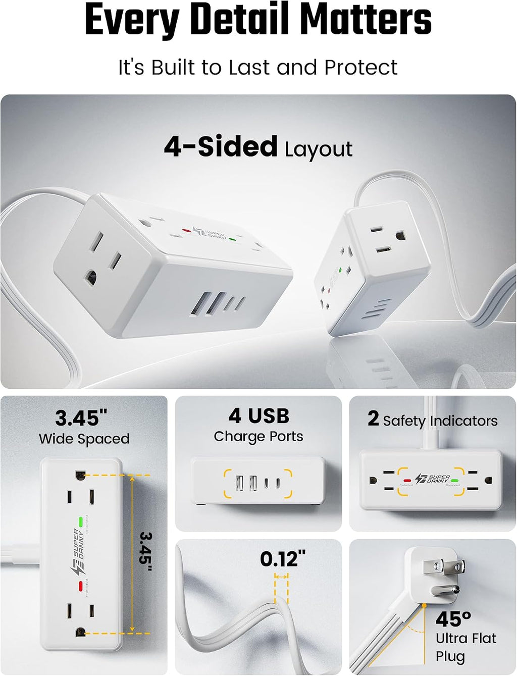 3Ft Short Extension Cord with Multiple Outlets, Surge Protector Power Strip