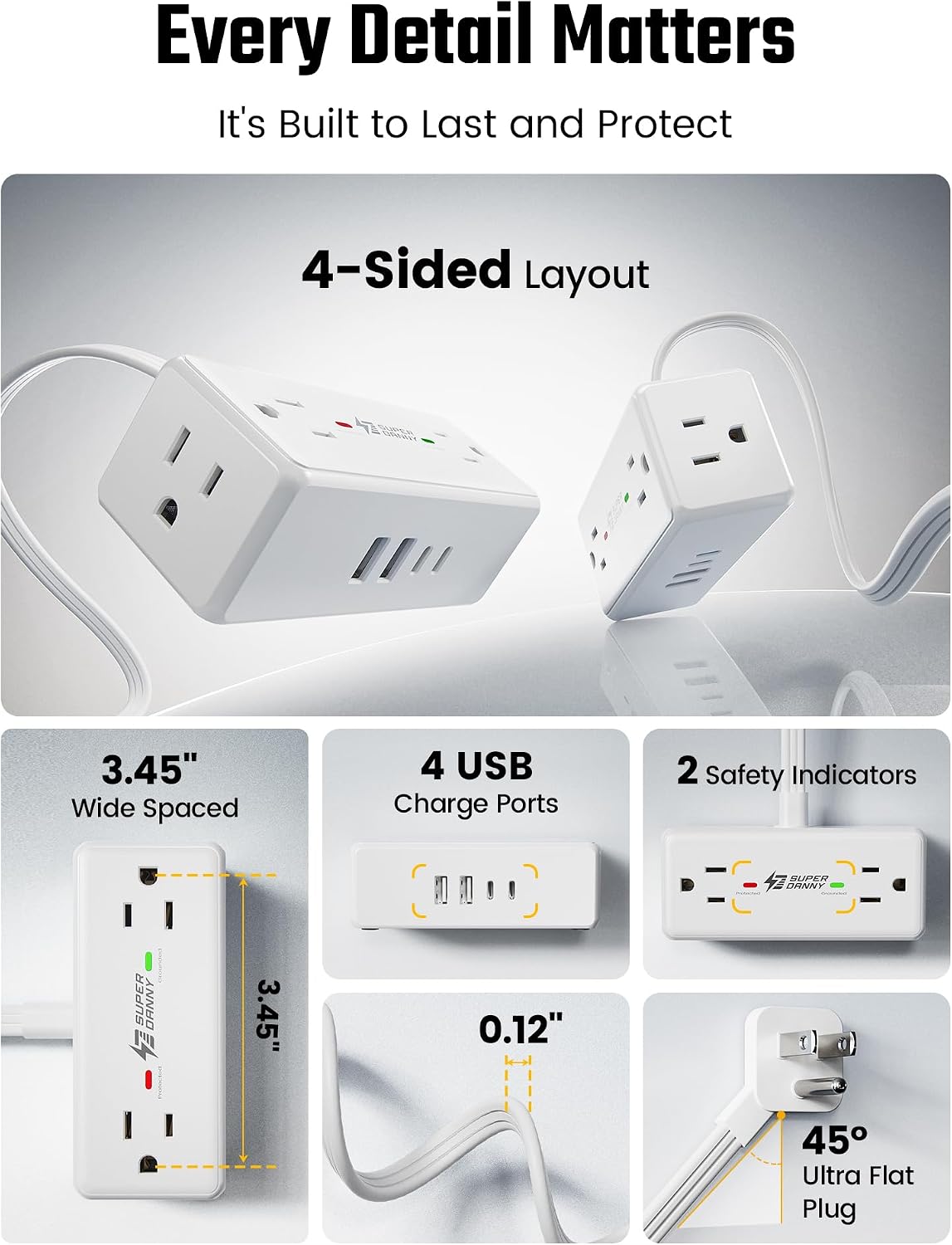 3Ft Short Extension Cord with Multiple Outlets, Surge Protector Power Strip