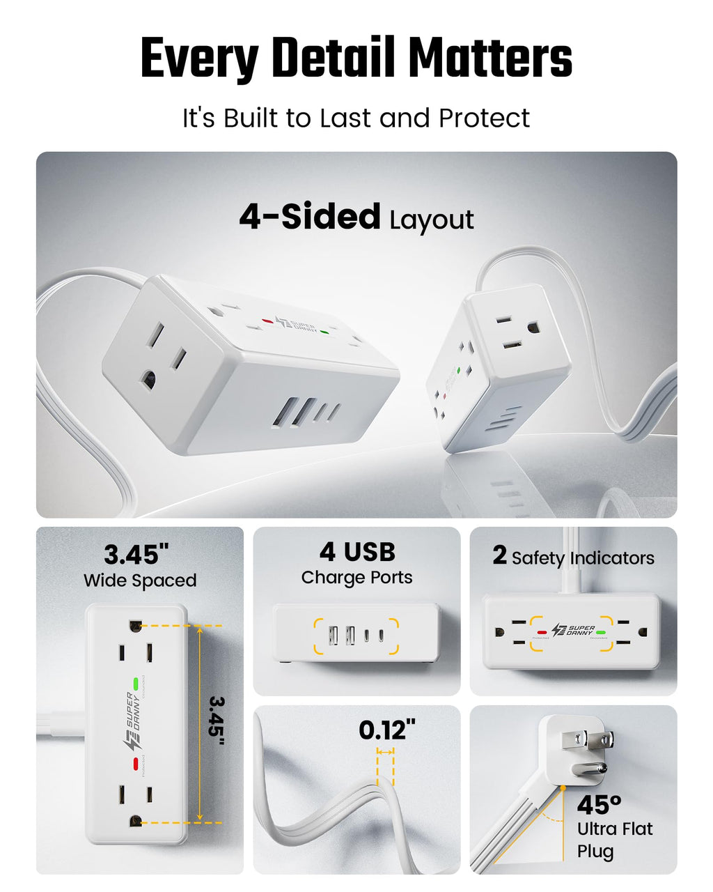 3Ft Short Extension Cord with Multiple Outlets, Surge Protector Power Strip