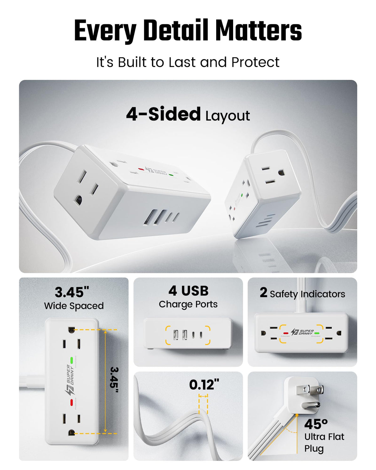3Ft Short Extension Cord with Multiple Outlets, Surge Protector Power Strip