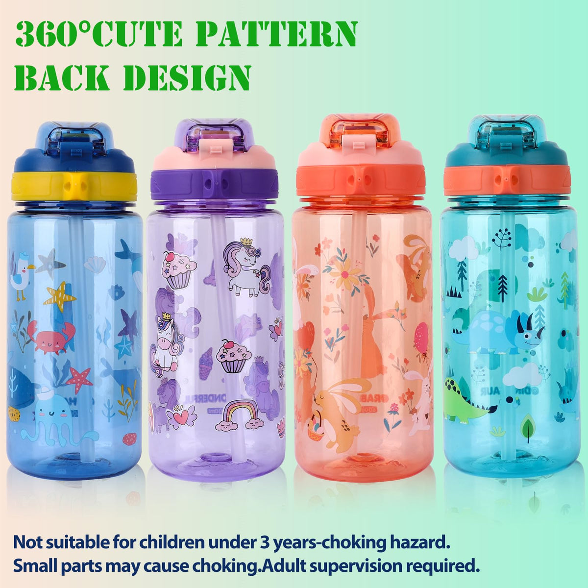 SENBSLAN Kids Water Bottles With Straw,600ml Drinks Bottle for School,Leakproof Children's Bottle BPA free Tritan Sport Bottle for Girls Boys (Pinkish Orange-Rabbit)