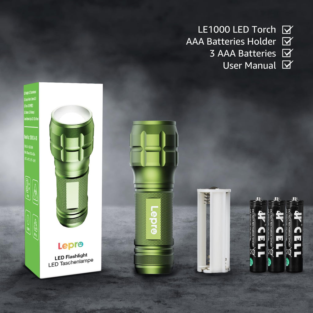 LE LED Torch, LE1000 Powerful Handheld Flashlight, Adjustable Focus, 4 PCs