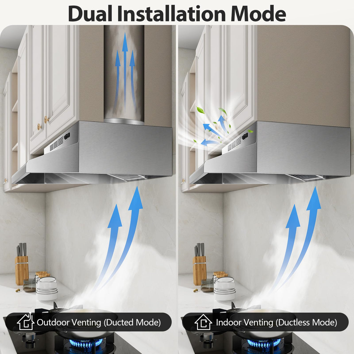 Tieasy Under Cabinet Range Hood 24 Inch, 400 CFM Stainless Steel Convertible Vent Hood with 2 Speed Exhaust Fan and Rocker Switch Control, Ducted/Ductless Kitchen Hood with Multiple Venting Options