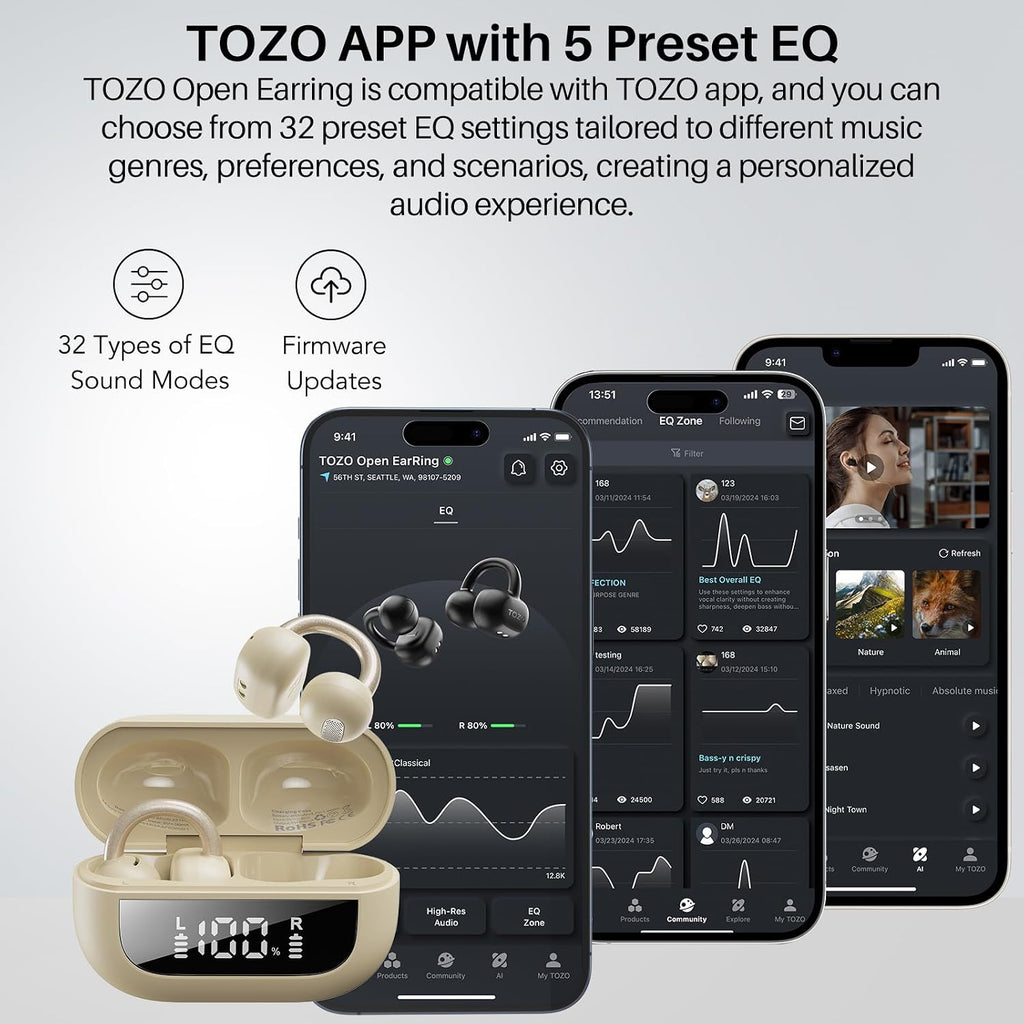 TOZO OpenEarRing Open Ear Earbuds 40H Bluetooth 5.4 Lightweight Comfort