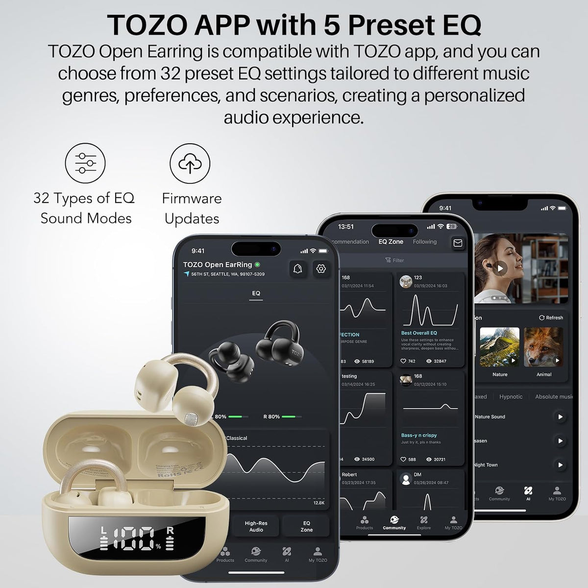 TOZO OpenEarRing Open Ear Earbuds 40H Bluetooth 5.4 Lightweight Comfort