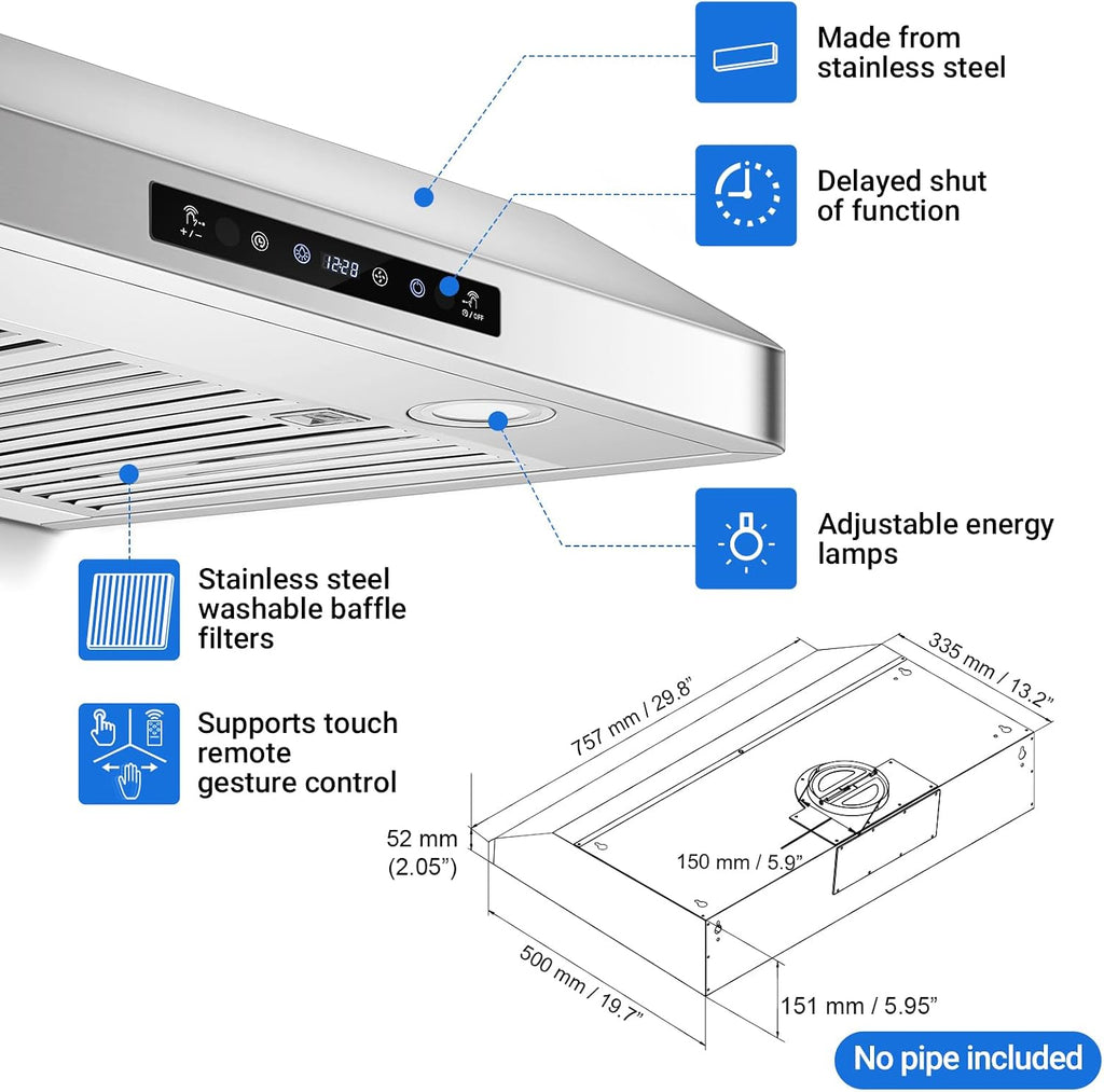 AMZCHEF 30" Under Cabinet Range Hood, 750CFM Stainless Steel Vent Hood