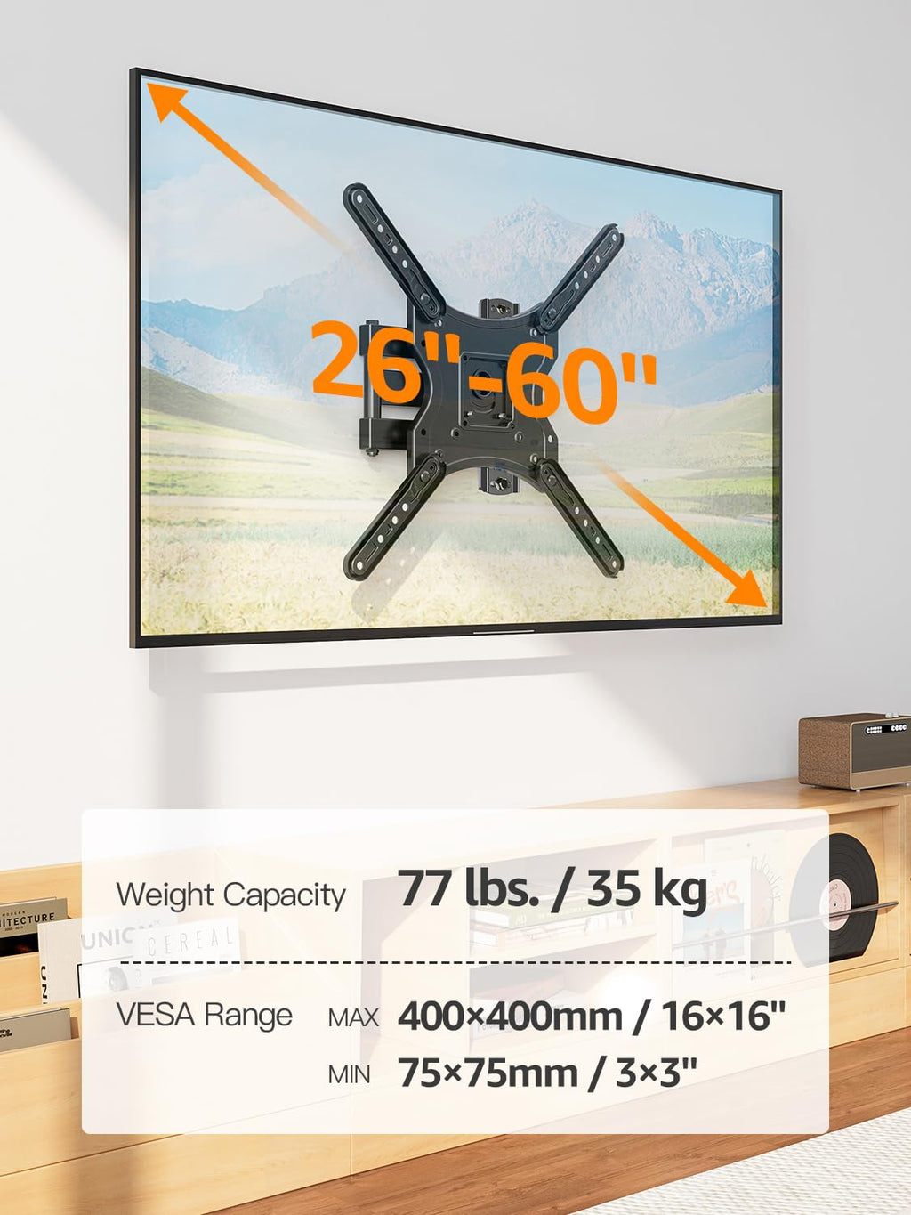 ELIVED Full Motion TV Wall Mount for 26-60" TVs, Max VESA 400x400, 77 lbs.