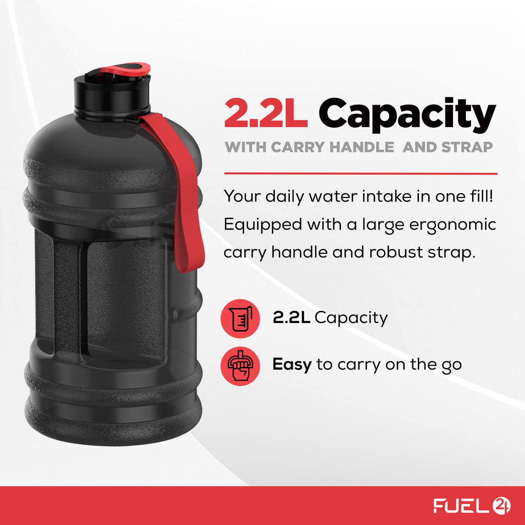 Fuel24 Jug - 2.2 Litre Water Bottle - Extra Strong Flex Material - Drop Proof, Pop or Straw Cap Options - 2.2L Large Gym Sports Bottle, BPA FREE
