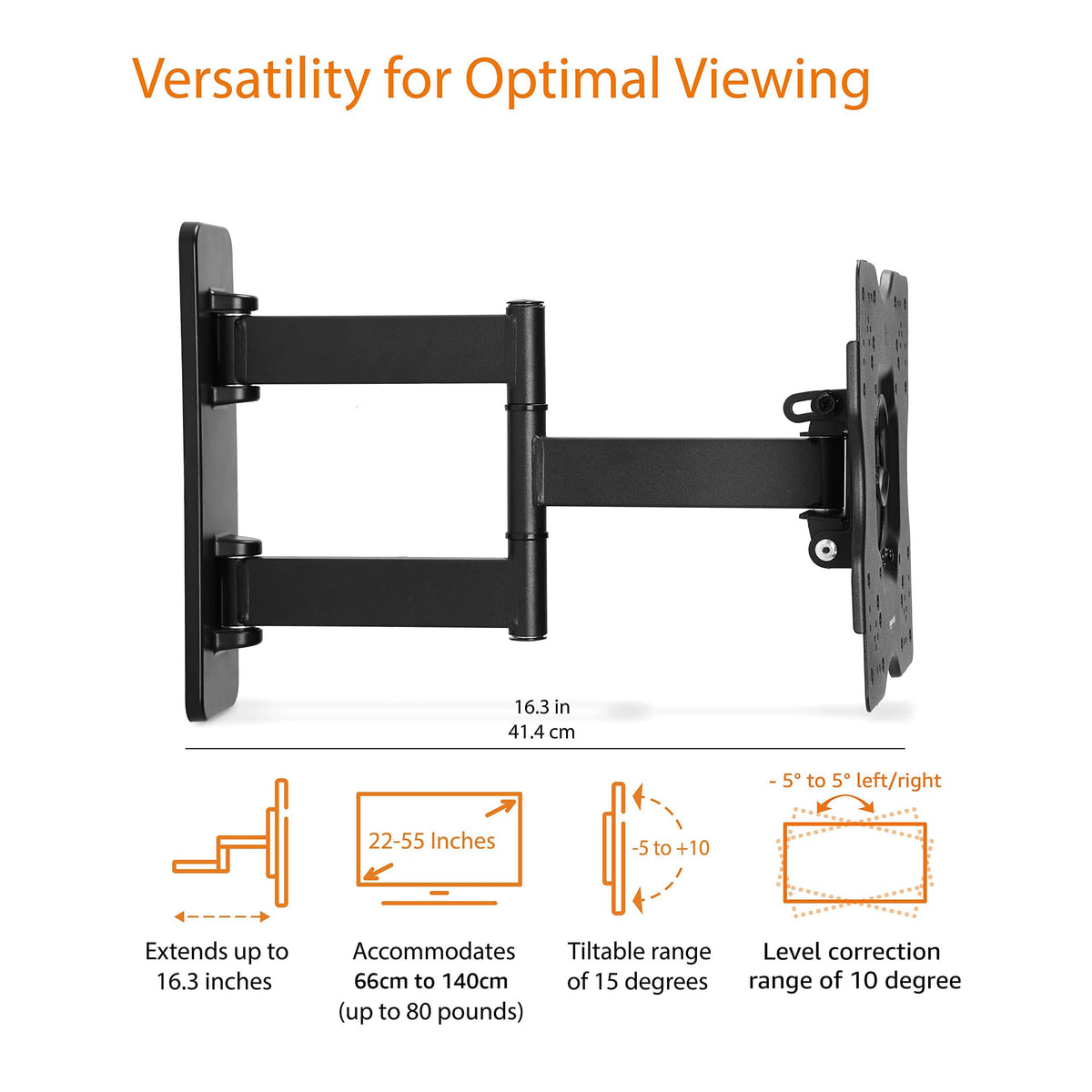 Amazon Basics Full Motion Articulating TV Wall Mount with Tilt Swivel, Extends 16 inches, VESA 200x200, for 12" to 40" TVs, 40 lbs, Black