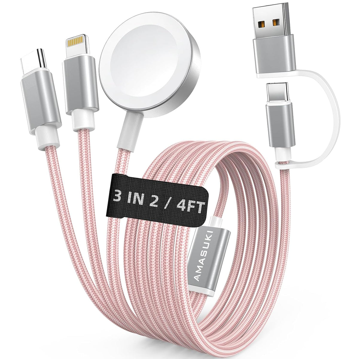 Travel Essentials,3 in 2 USB C Cable for Apple Watch Charger,iPhone Charger,Multi Charging Cable,Cruise Vacation Camping Essentials,Portable for iWatch Series 12-2/Ultra/SE & iPhone 18 17-12,Car,Pink