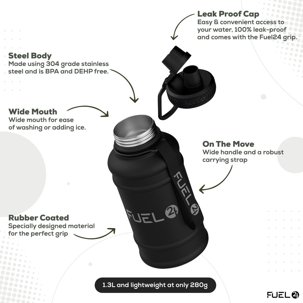 Fuel24 Stainless Steel Jug - 1.3 or 2.2 Litre Water Bottle - Extra Strong, BPA Free, Leak Proof - Large Gym Sports Bottle, 1.3L, 2.2L, Metal Bottle - Colour Options