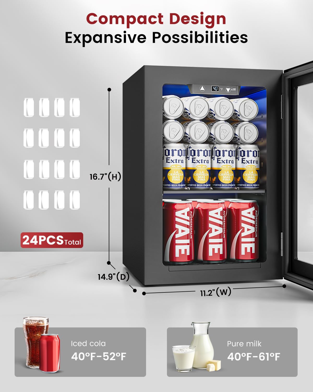 Feelfunn 2.6CuFt Beverage Refrigerator, 95 Can Mini Fridge with Glass Door