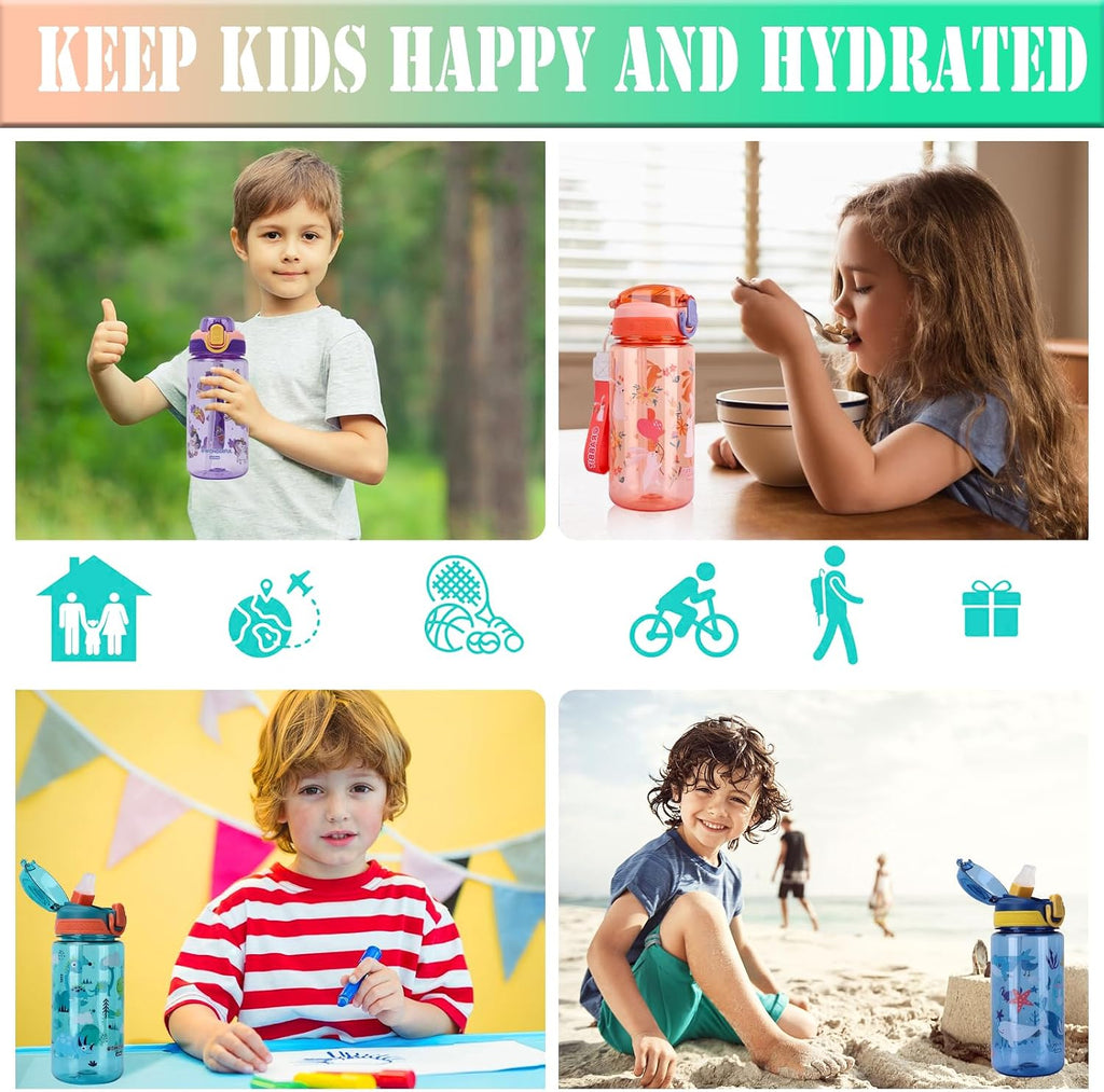 SENBSLAN Kids Water Bottles With Straw,600ml Drinks Bottle for School,Leakproof Children's Bottle BPA free Tritan Sport Bottle for Girls Boys (Pinkish Orange-Rabbit)