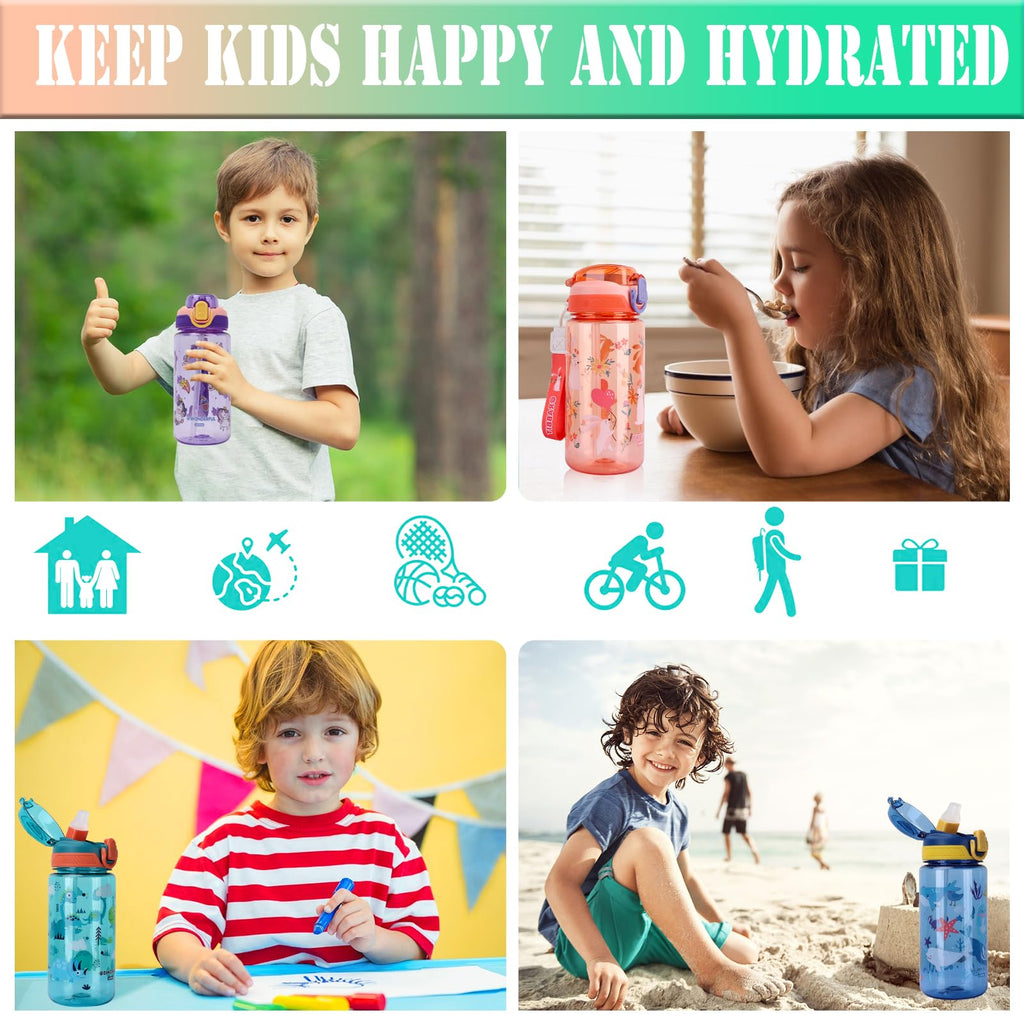 SENBSLAN Kids Water Bottles With Straw,600ml Drinks Bottle for School,Leakproof Children's Bottle BPA free Tritan Sport Bottle for Girls Boys (Pinkish Orange-Rabbit)