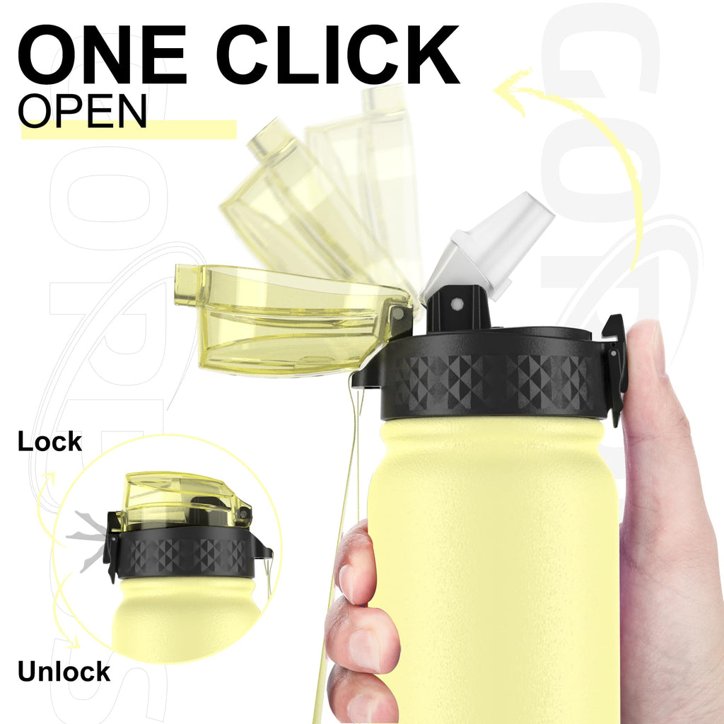 GOPPUS 600ml/20oz Stainless Water Bottle with Straw Double Wall Insulated Bottles with Strap One Hand Open Vacuum Thermal Flask with Flip Top Lid Leakproof Keep Cold Drinks BPA Free