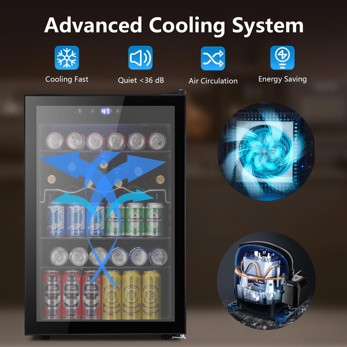 Electactic 48 Can Beverage Refrigerator,12 Bottle Wine Cooler with Seamless Stainless Steel & Glass Door, Digital Temperature Display, Countertop Mini Fridge for Soda, Wine or Beer, Silver