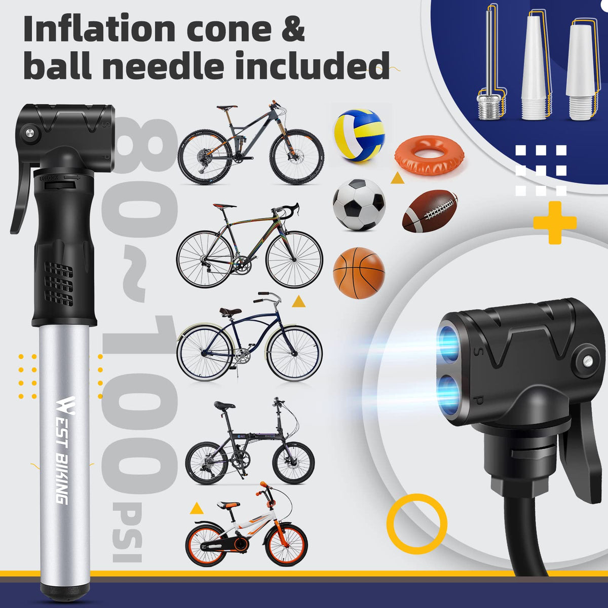Bicycle Pump Mini Bike Pump Aluminum Alloy Cycle Pump for Presta & Schrader Valve, Portable Lightweight Bike Tyre Pump Fast Tyre Inflation Mini Air Pump For Mountain Road Bike Ball Pump